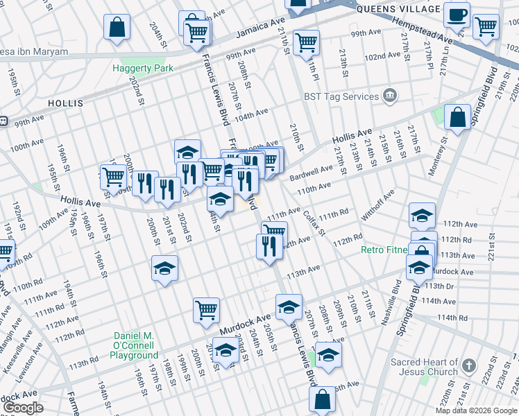 map of restaurants, bars, coffee shops, grocery stores, and more near 109-67 Francis Lewis Boulevard in Queens
