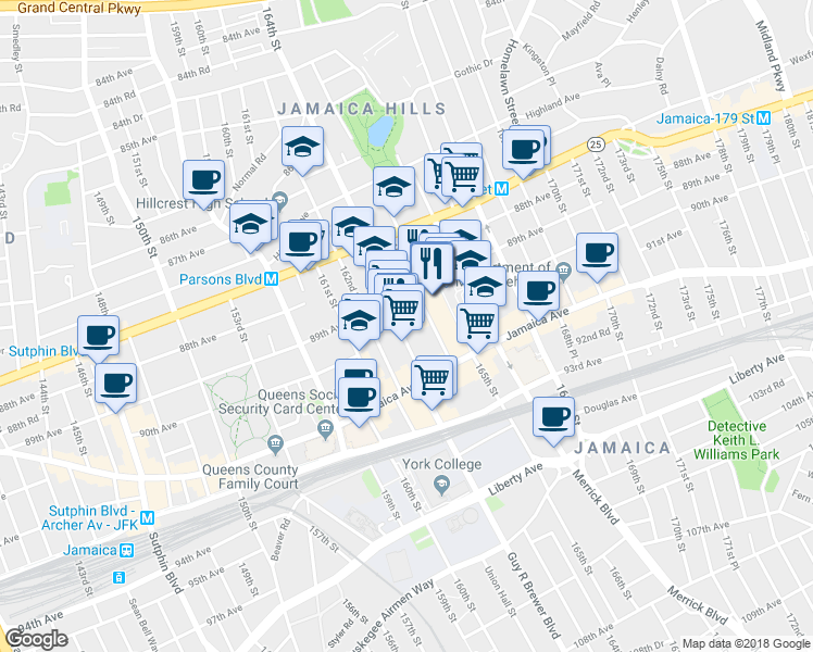 map of restaurants, bars, coffee shops, grocery stores, and more near 89-12 164th Street in Queens