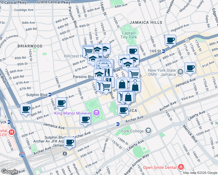 map of restaurants, bars, coffee shops, grocery stores, and more near 159-19 88th Avenue in Queens