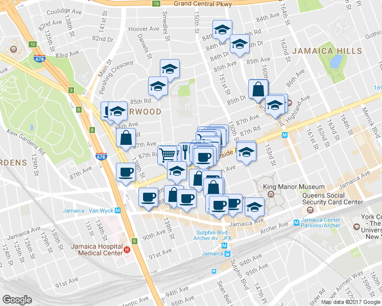 map of restaurants, bars, coffee shops, grocery stores, and more near 144-48 87th Avenue in Queens