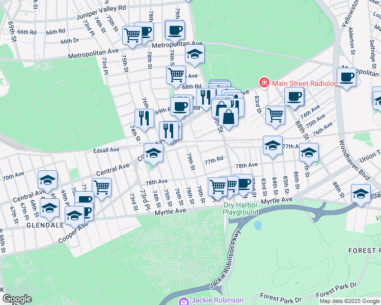 map of restaurants, bars, coffee shops, grocery stores, and more near 76-05 79th Street in Queens