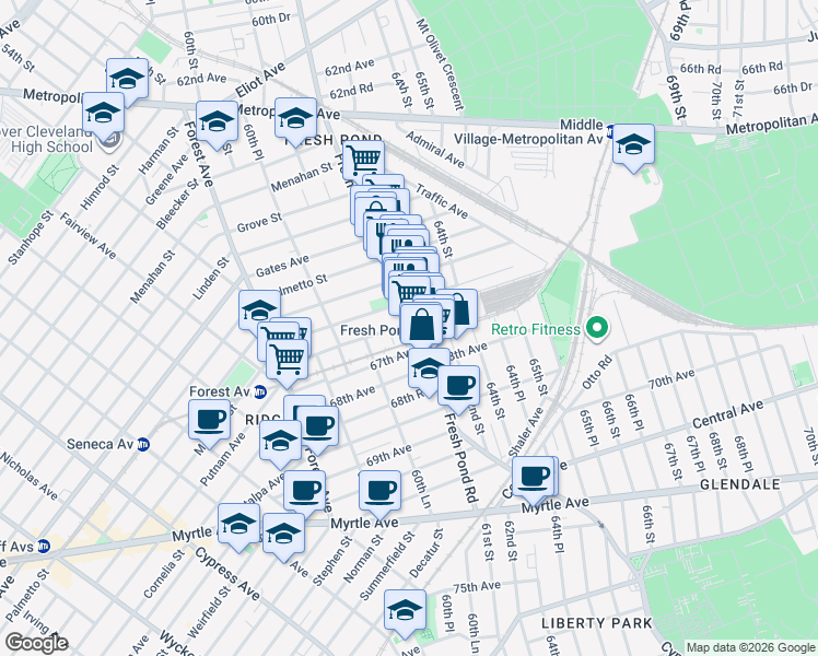 map of restaurants, bars, coffee shops, grocery stores, and more near in Queens