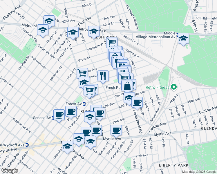 map of restaurants, bars, coffee shops, grocery stores, and more near 60-39 Madison Street in Queens