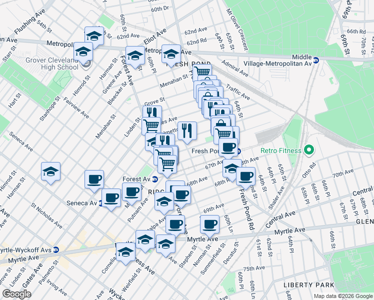 map of restaurants, bars, coffee shops, grocery stores, and more near 6004 Woodbine Street in Queens