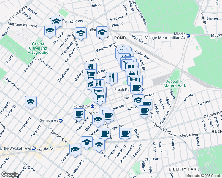 map of restaurants, bars, coffee shops, grocery stores, and more near 6004 Woodbine Street in Queens