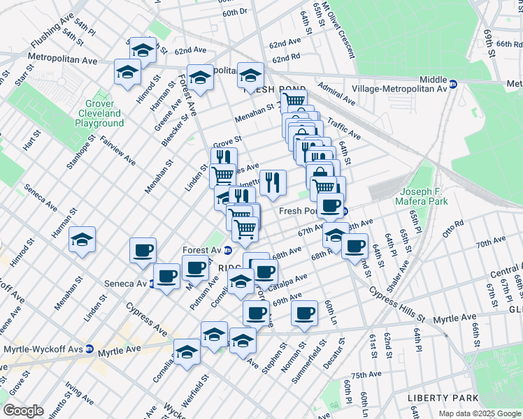 map of restaurants, bars, coffee shops, grocery stores, and more near 6004 Woodbine Street in Queens
