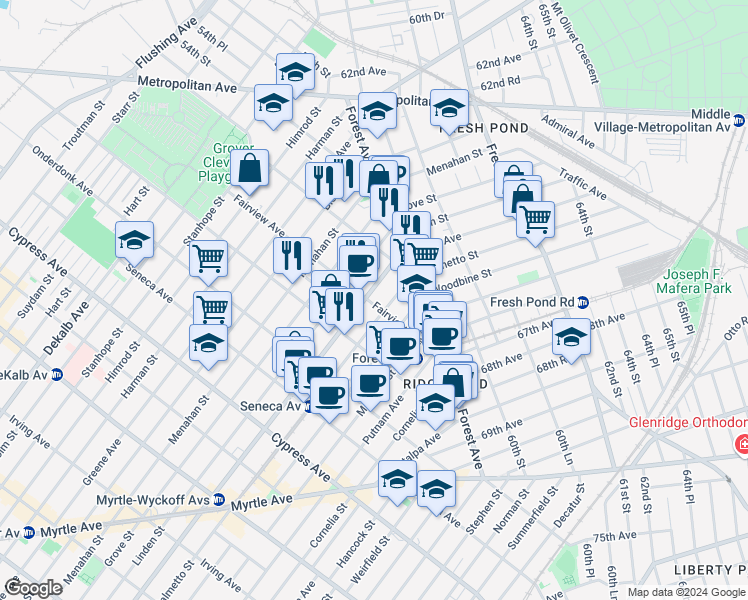 map of restaurants, bars, coffee shops, grocery stores, and more near 20-41 Gates Avenue in Queens