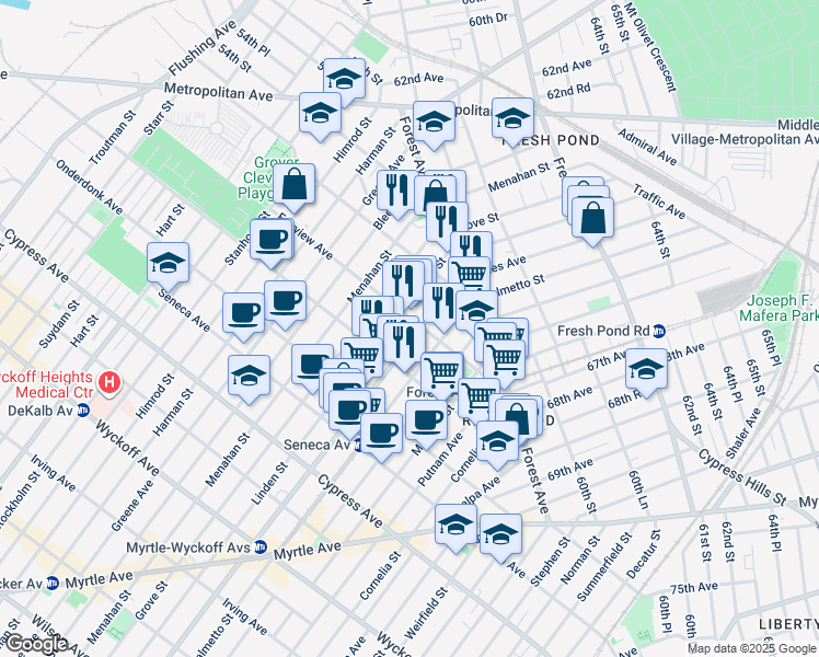 map of restaurants, bars, coffee shops, grocery stores, and more near 20-41 Gates Avenue in Queens
