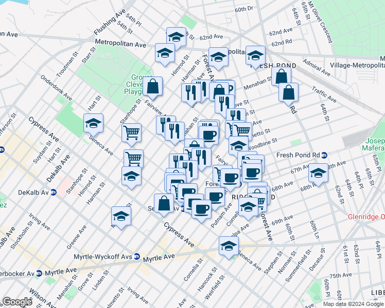 map of restaurants, bars, coffee shops, grocery stores, and more near 6-04 Fairview Avenue in Queens