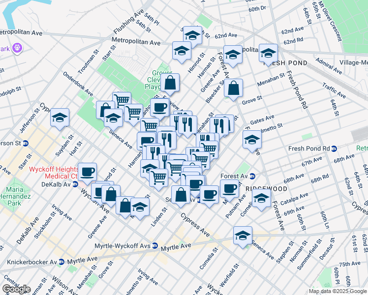 map of restaurants, bars, coffee shops, grocery stores, and more near 5-16 Woodward Avenue in Queens