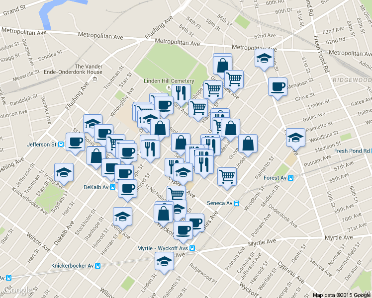 map of restaurants, bars, coffee shops, grocery stores, and more near 456 Onderdonk Avenue in Queens