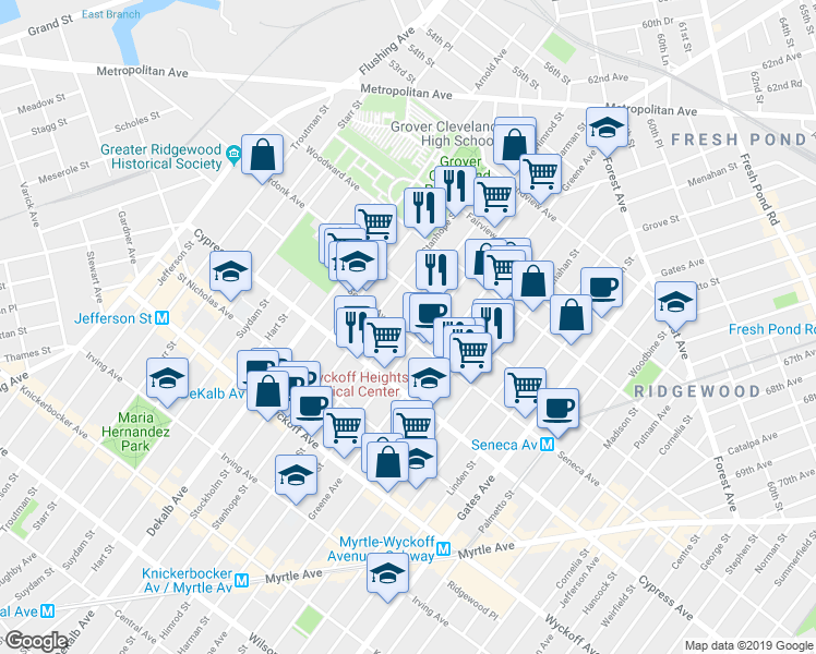 map of restaurants, bars, coffee shops, grocery stores, and more near 456 Onderdonk Avenue in Queens