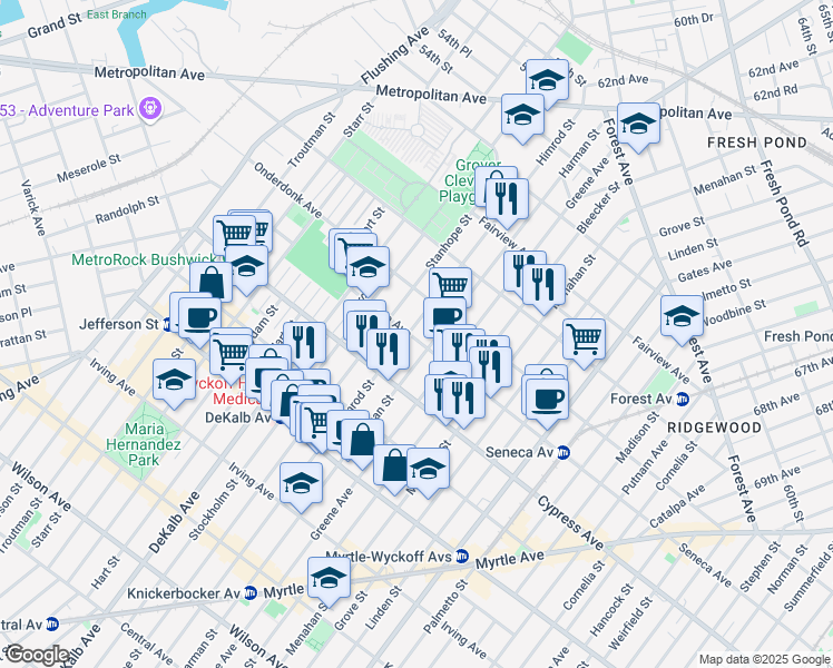 map of restaurants, bars, coffee shops, grocery stores, and more near in Queens
