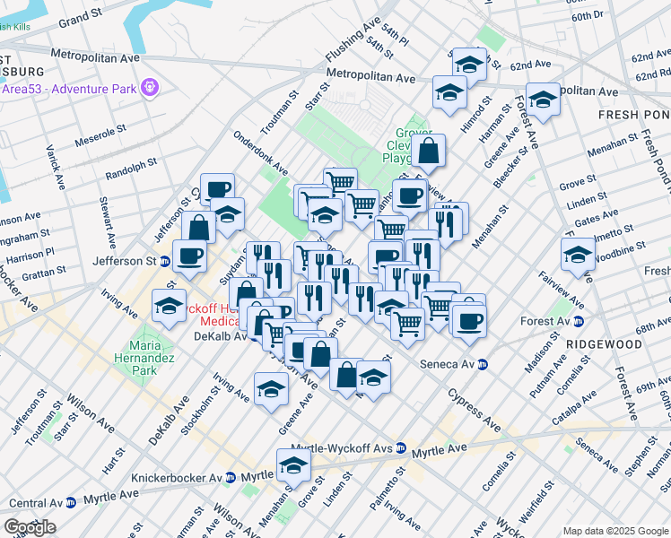 map of restaurants, bars, coffee shops, grocery stores, and more near in Queens