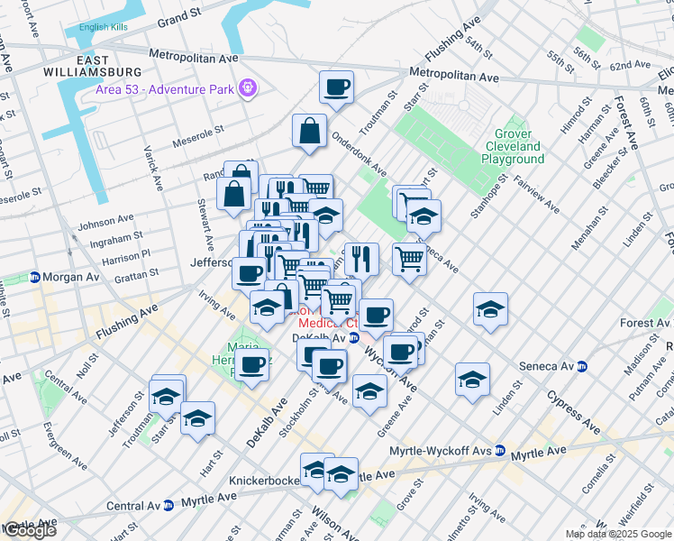 map of restaurants, bars, coffee shops, grocery stores, and more near 1390 Willoughby Avenue in Brooklyn