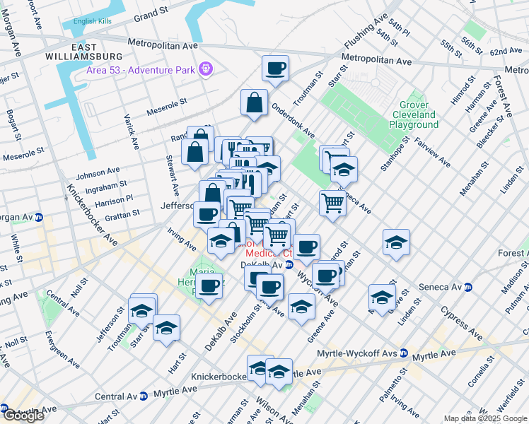 map of restaurants, bars, coffee shops, grocery stores, and more near 1390 Willoughby Avenue in Brooklyn