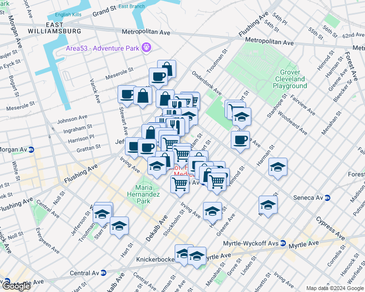 map of restaurants, bars, coffee shops, grocery stores, and more near 1390 Willoughby Avenue in Brooklyn