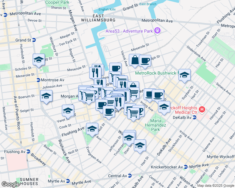 map of restaurants, bars, coffee shops, grocery stores, and more near 70 Porter Avenue in Brooklyn
