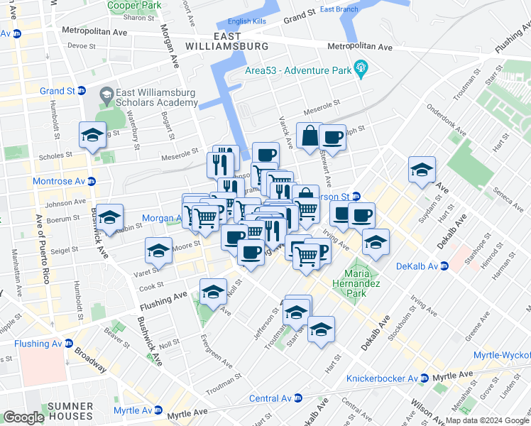 map of restaurants, bars, coffee shops, grocery stores, and more near 70 Porter Avenue in Brooklyn