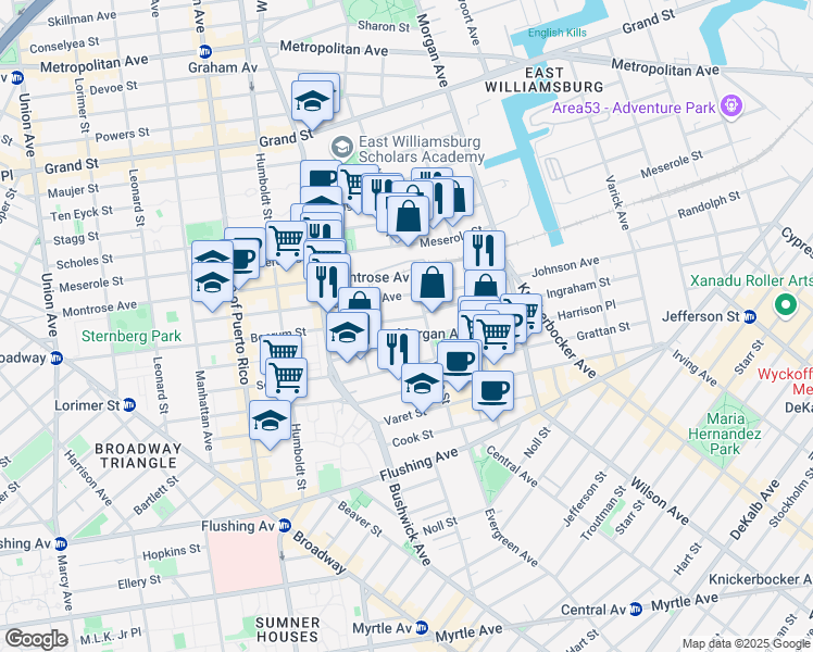 map of restaurants, bars, coffee shops, grocery stores, and more near 306 Johnson Avenue in Brooklyn