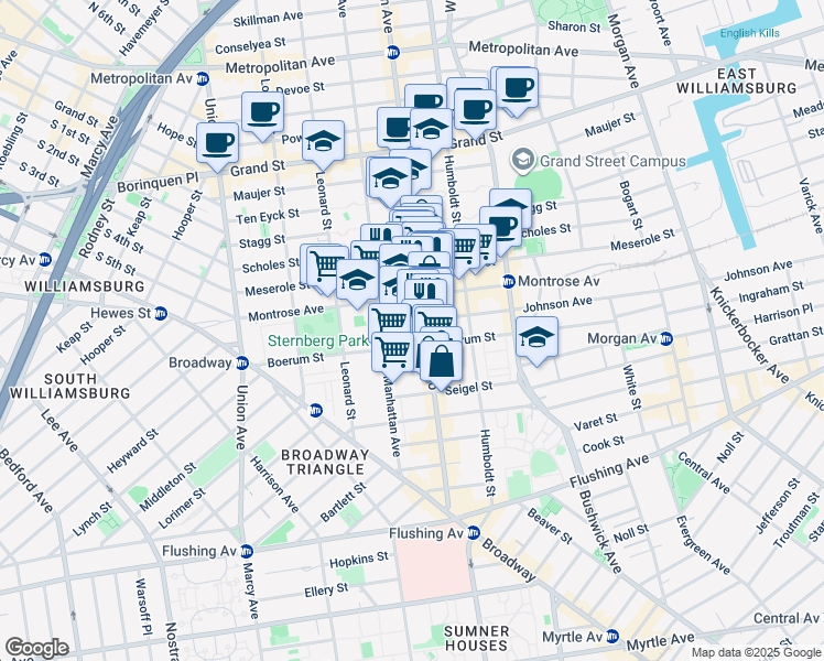 map of restaurants, bars, coffee shops, grocery stores, and more near 138 Montrose Avenue in Brooklyn