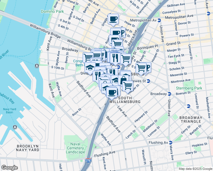 map of restaurants, bars, coffee shops, grocery stores, and more near 219 Ross Street in Brooklyn