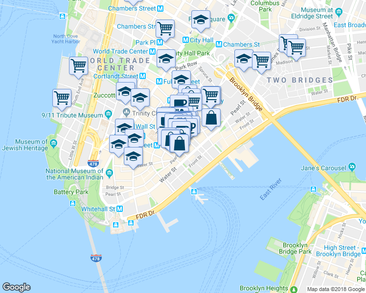 map of restaurants, bars, coffee shops, grocery stores, and more near 101 Maiden Lane in New York