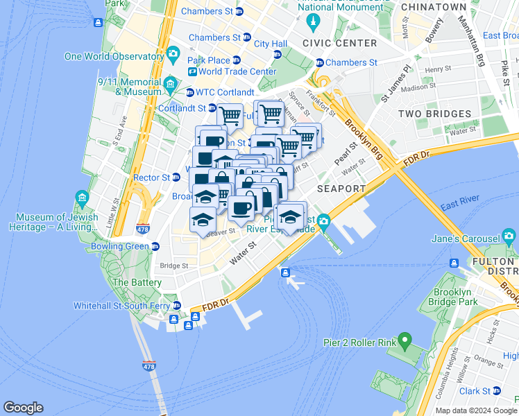 map of restaurants, bars, coffee shops, grocery stores, and more near 60 William Street in New York