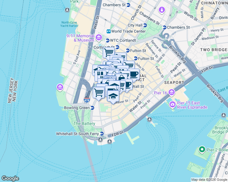 map of restaurants, bars, coffee shops, grocery stores, and more near 26 Rector Street in New York