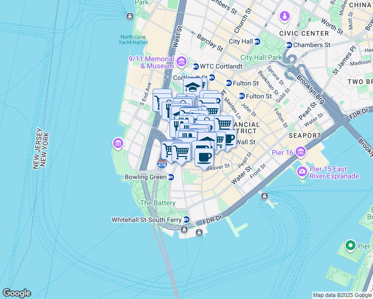map of restaurants, bars, coffee shops, grocery stores, and more near 61 Canyon of Heroes in New York