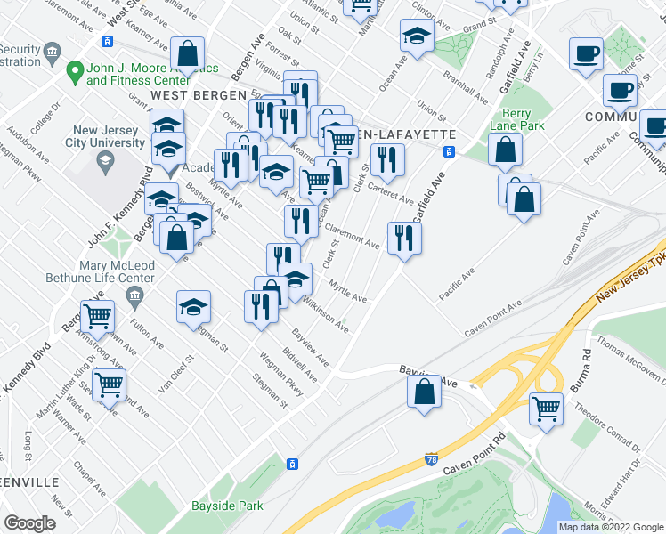 map of restaurants, bars, coffee shops, grocery stores, and more near 143 Arlington Avenue in Jersey City