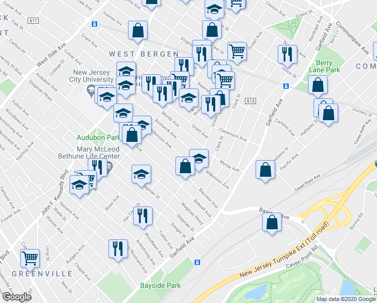 map of restaurants, bars, coffee shops, grocery stores, and more near 91 Myrtle Avenue in Jersey City