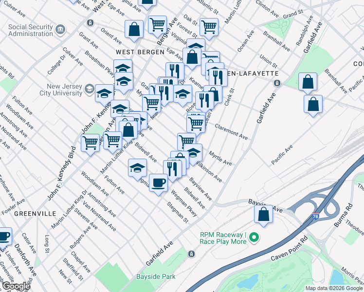 map of restaurants, bars, coffee shops, grocery stores, and more near 91 Myrtle Avenue in Jersey City