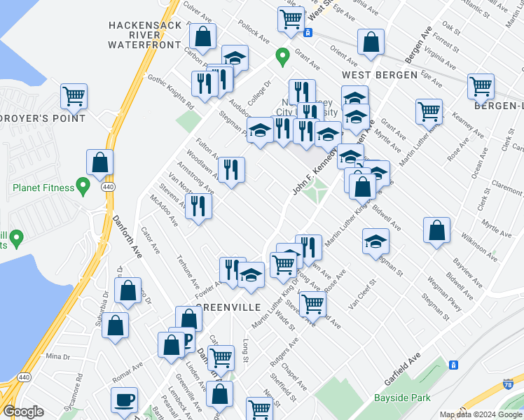 map of restaurants, bars, coffee shops, grocery stores, and more near 299 Fulton Avenue in Jersey City