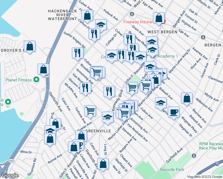 map of restaurants, bars, coffee shops, grocery stores, and more near 299 Fulton Avenue in Jersey City