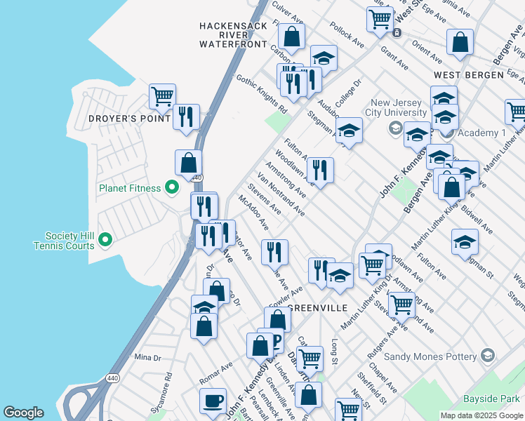 map of restaurants, bars, coffee shops, grocery stores, and more near 304A Stevens Avenue in Jersey City