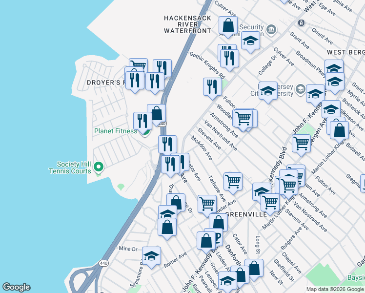 map of restaurants, bars, coffee shops, grocery stores, and more near 36-56 West Side Avenue in Jersey City
