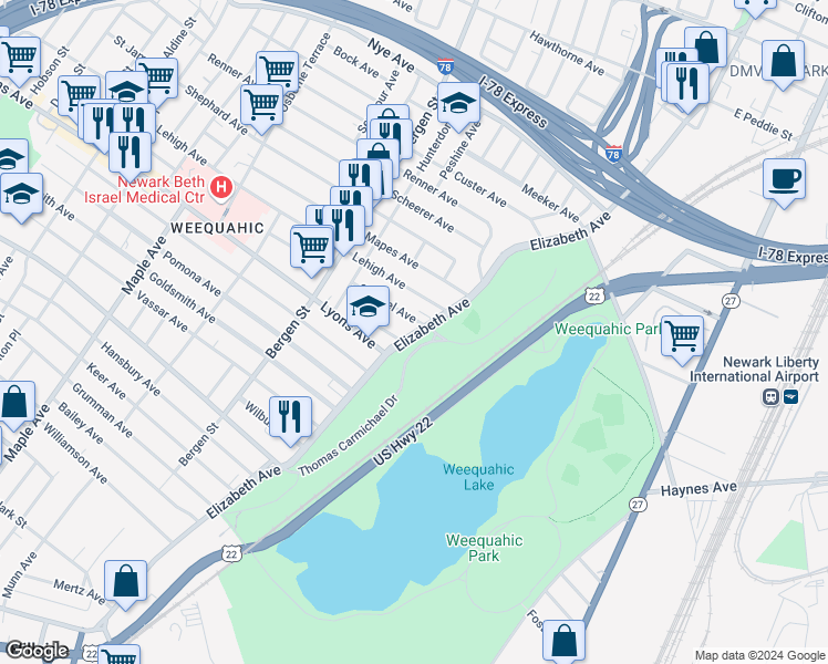 map of restaurants, bars, coffee shops, grocery stores, and more near 15-17 Stengel Avenue in Newark