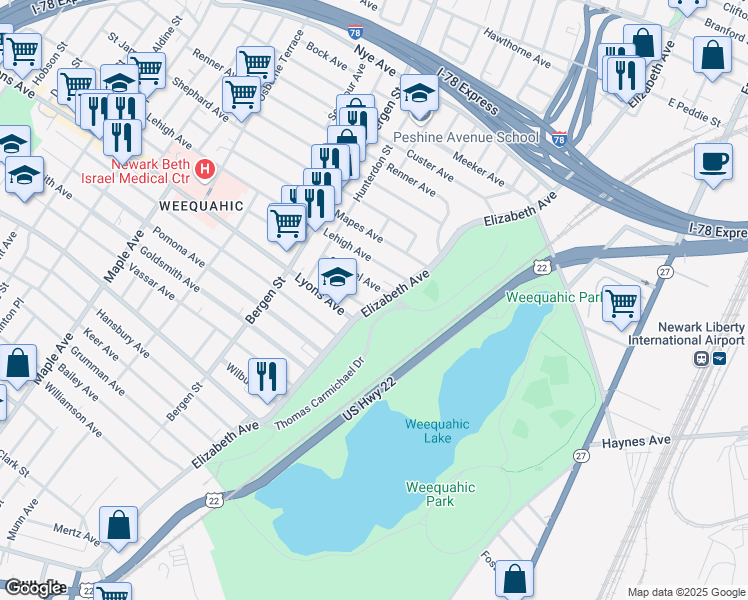 map of restaurants, bars, coffee shops, grocery stores, and more near 15-17 Stengel Avenue in Newark