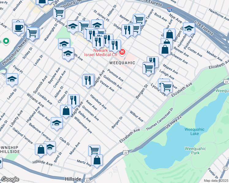 map of restaurants, bars, coffee shops, grocery stores, and more near 154 Goldsmith Avenue in Newark