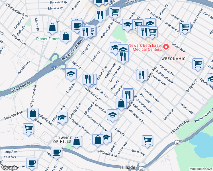 map of restaurants, bars, coffee shops, grocery stores, and more near 1602 Bayview Avenue in Hillside