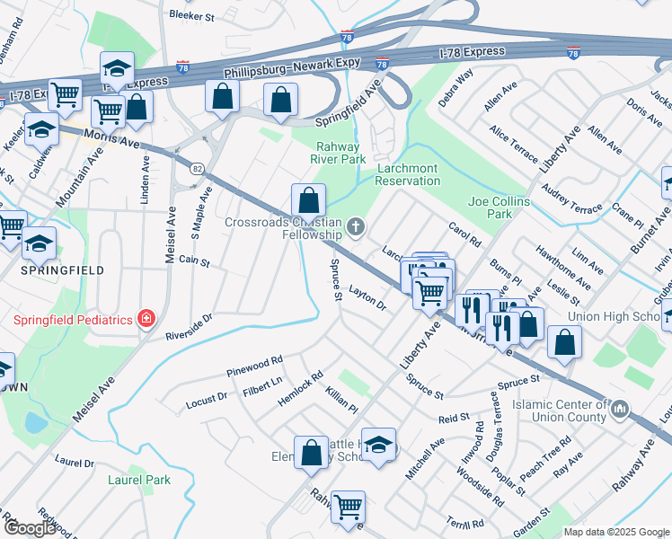 map of restaurants, bars, coffee shops, grocery stores, and more near 2822 Morris Avenue in Union