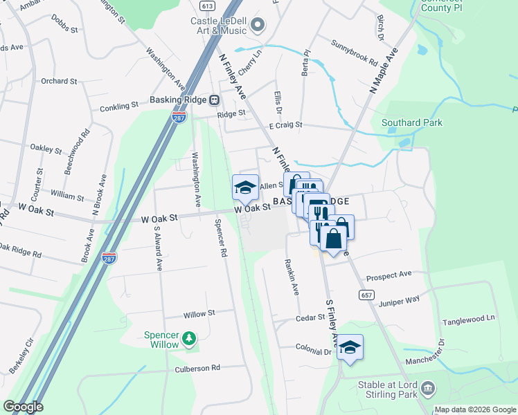 map of restaurants, bars, coffee shops, grocery stores, and more near 28 Allen Street in Bernards