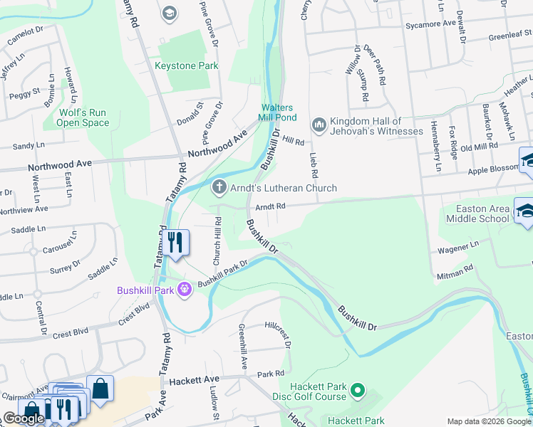 map of restaurants, bars, coffee shops, grocery stores, and more near 1701 Arndt Road in Easton