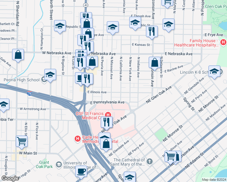 map of restaurants, bars, coffee shops, grocery stores, and more near 1617 North Missouri Avenue in Peoria