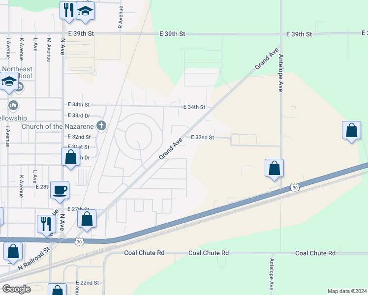 map of restaurants, bars, coffee shops, grocery stores, and more near 2107 East 32nd Street in Kearney
