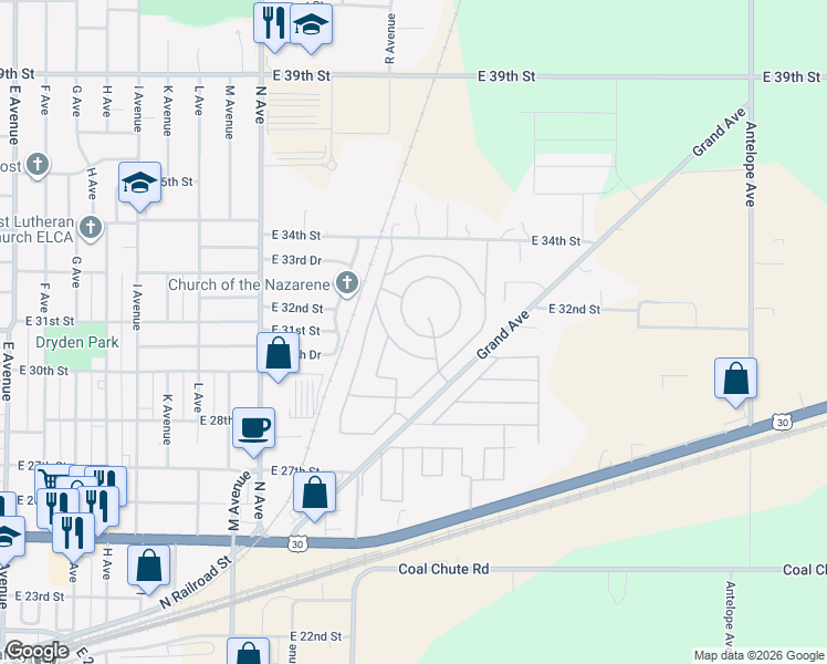 map of restaurants, bars, coffee shops, grocery stores, and more near 2900 Grand Avenue in Kearney