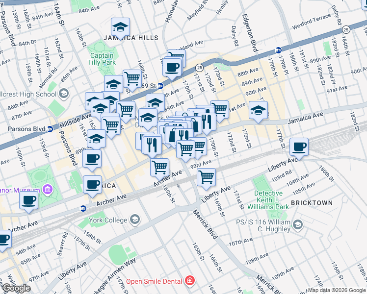map of restaurants, bars, coffee shops, grocery stores, and more near 168-12 91st Avenue in Queens