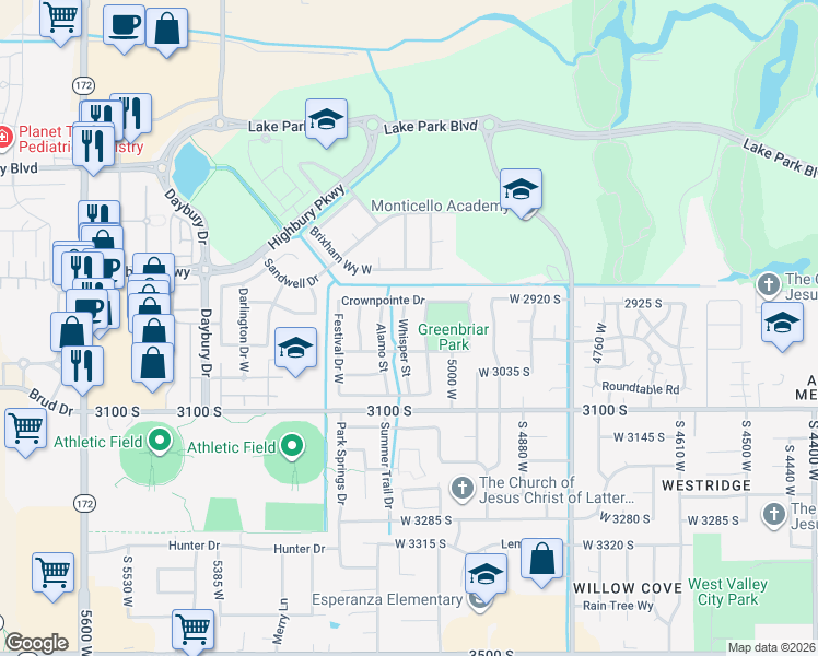 map of restaurants, bars, coffee shops, grocery stores, and more near 2969 Whisper Street in West Valley City