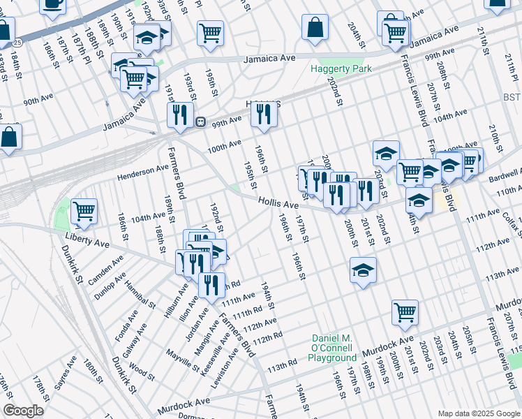 map of restaurants, bars, coffee shops, grocery stores, and more near 104-25 195th Street in Queens